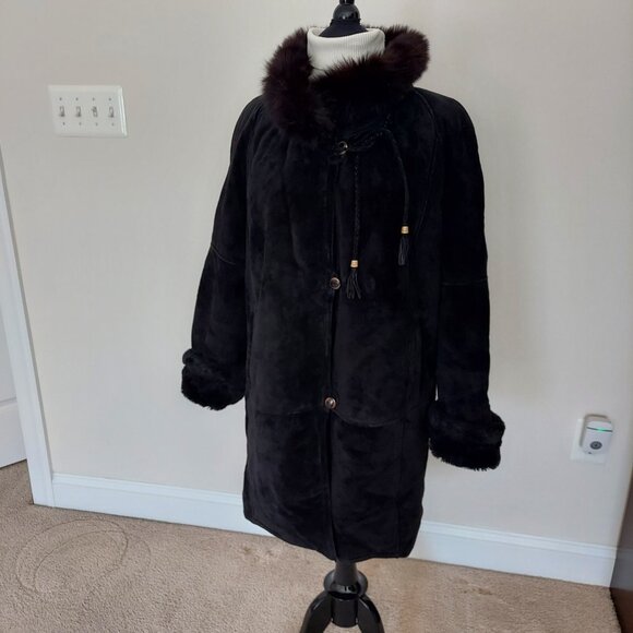 Vintage Neiman Marcus Black Suede Coat w/ Faux Fur Lining. Women's L - Picture 1 of 7